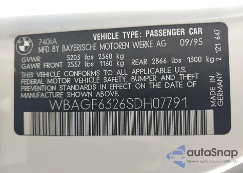 1995 BMW 740 I Automatic z USA, uszkodzony, nr VIN WBAGF6326SDH07791